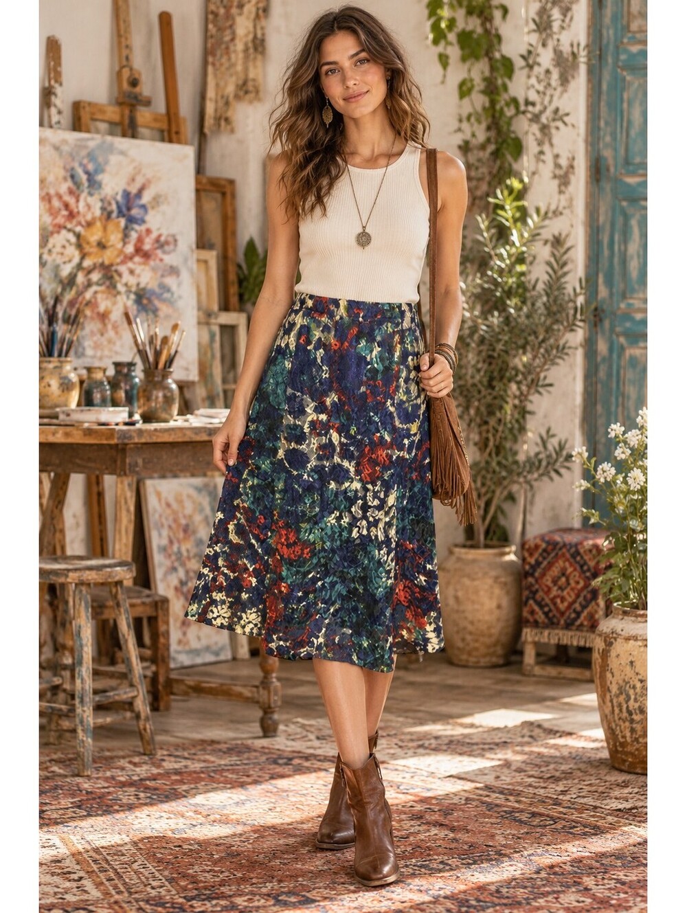 Christopher & Banks Floral Lace Midi Skirt Womens S Blue Lined Artsy Boho